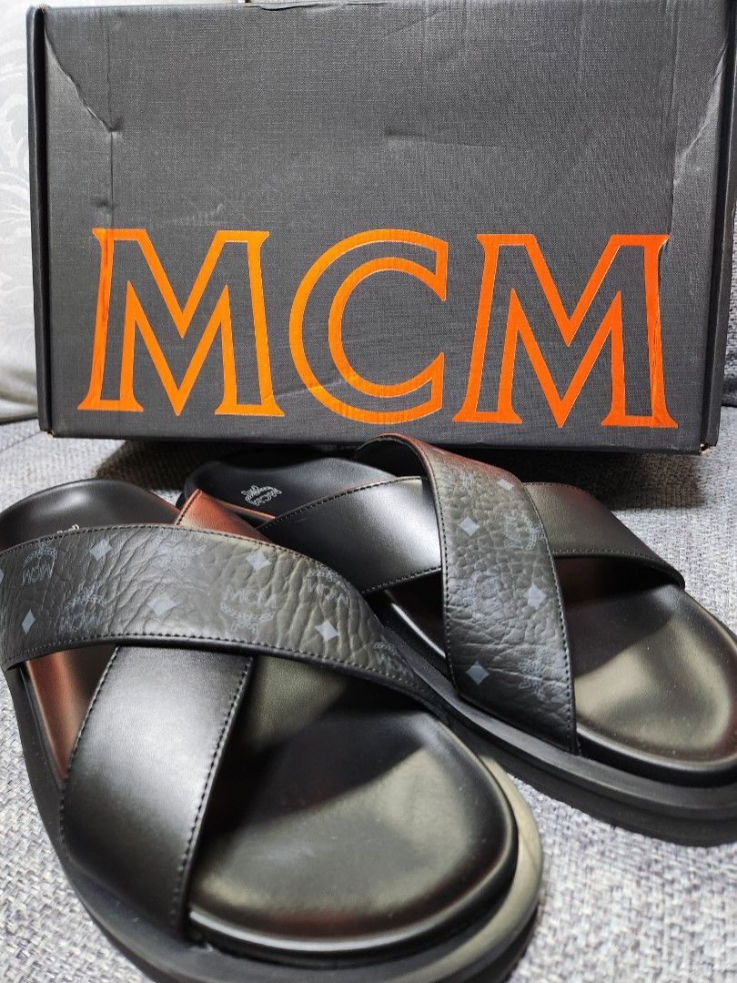 MCM Mens Sandals in Visetos Leather Mix Black
