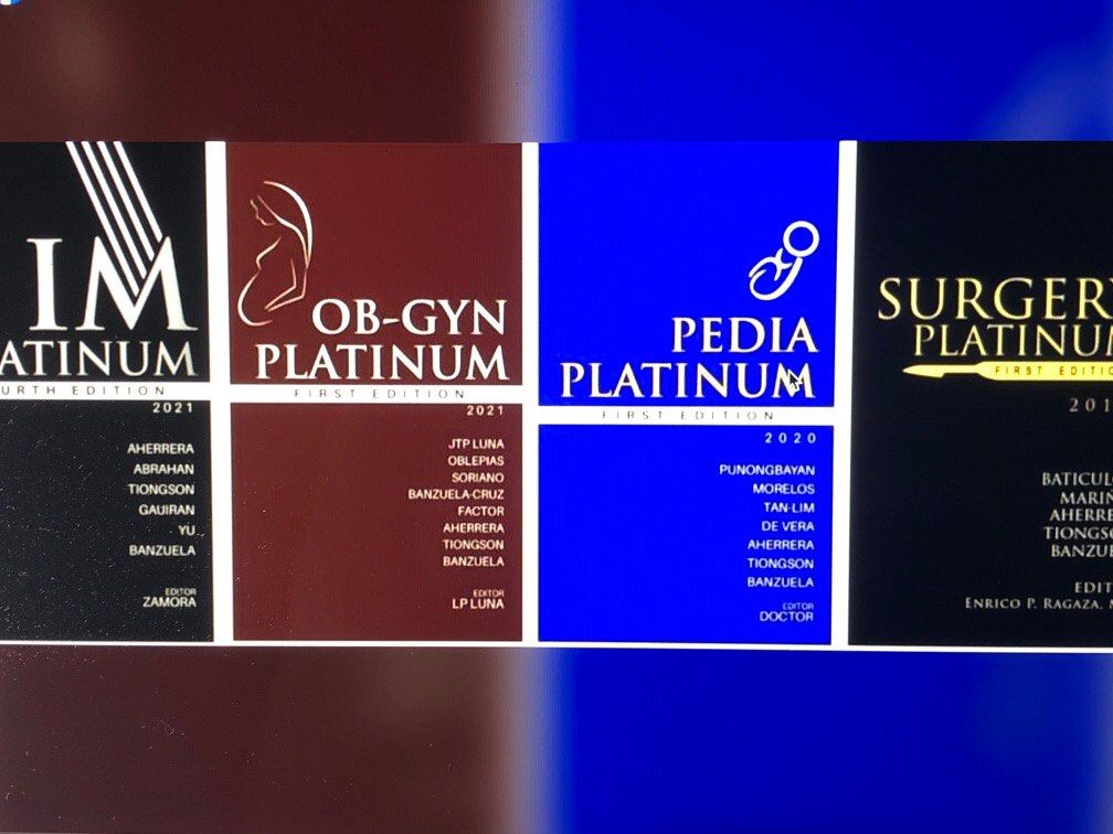 PLATINUM BOOKS (Category: Textbooks) located in Manila. Submitted by ks9508 (Listing ID 1335029787, Image 1). Description: IM coiled PEDIA coiled OB GYN SURGERY coiled PLATINUM BOOKS Minimal to no highlights, almost brandnew.