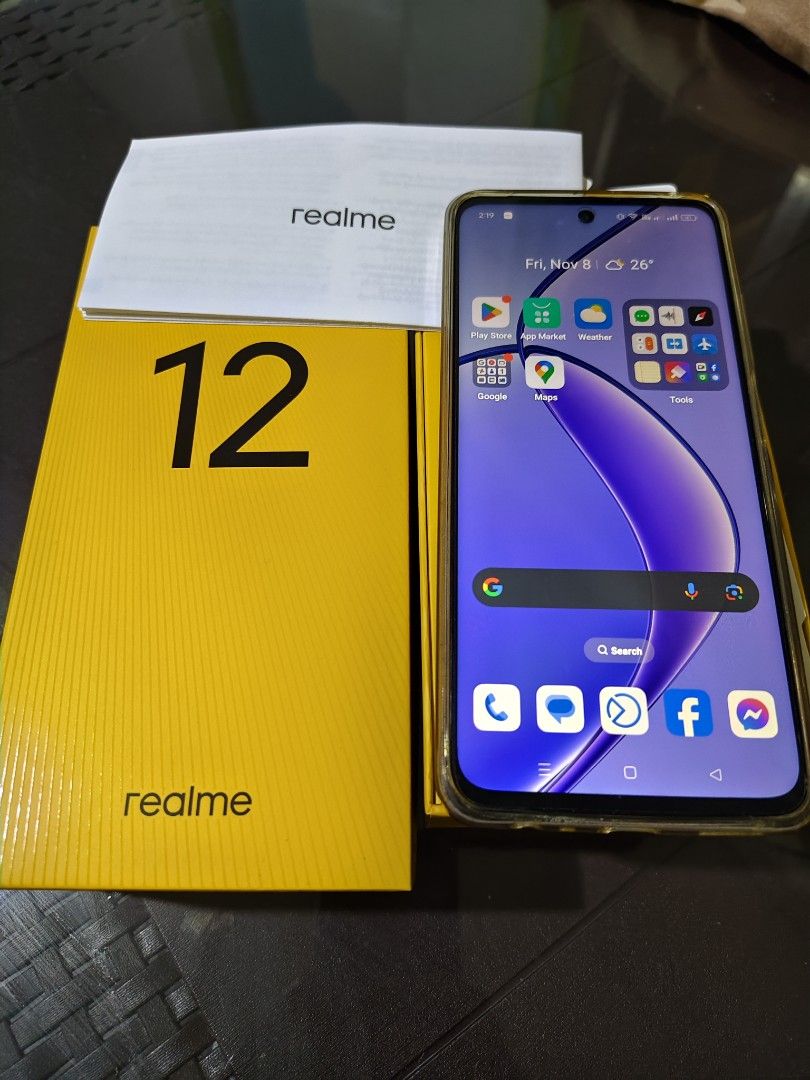 Realme 12 5G (Category: Realme) located in Manila. Submitted by jentags181923 (Listing ID 1335062819, Image 2). Description: For sale!! Realme 12 5G 256gb 8+8RAM Good as new Complete unit with box and orig charger SuperFast Charging Rfs: upgrade.