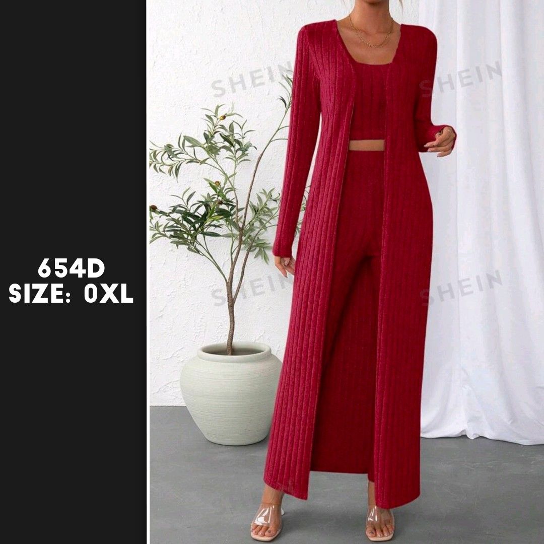 Red Rib Knit Long Blazer Shein (Category: Coats, Jackets and Outerwear) located in Caloocan City. Submitted by ohlunaboutique (Listing ID 1334979481, Image 1). Description: Brand new with pouch.