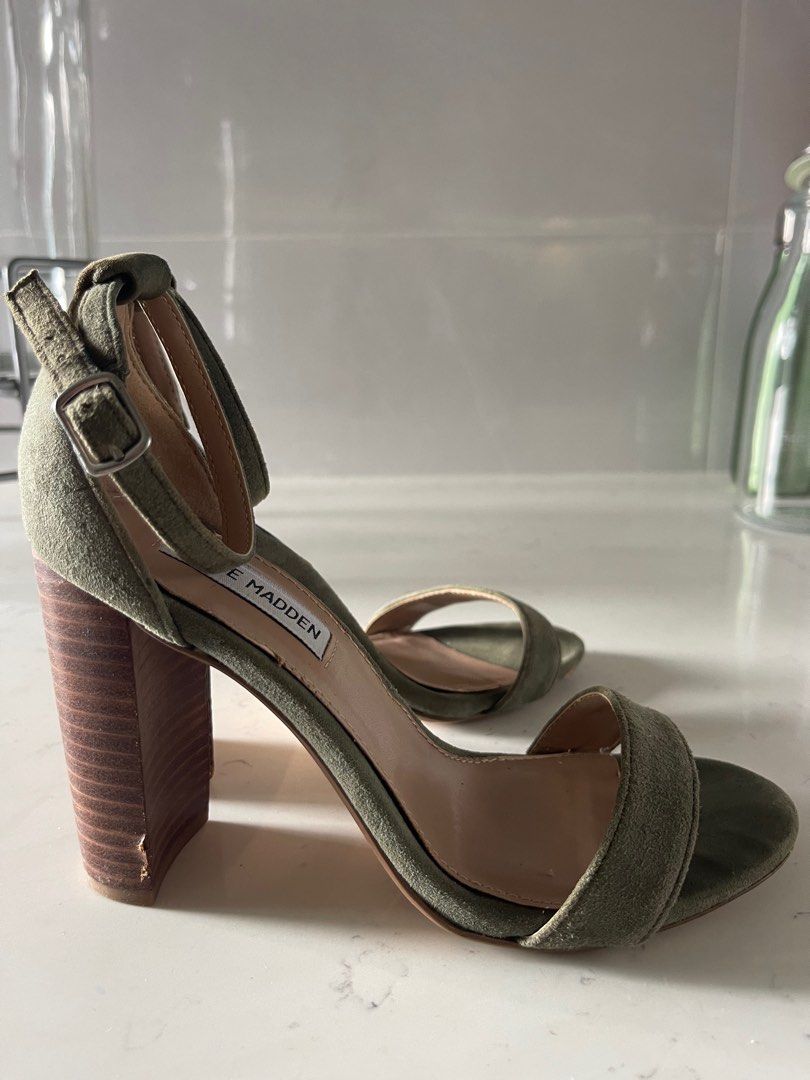 Steve Madden Stylish Olive Green Suede Block Heel Sandals Women s Fashion Footwear Heels on Carousell