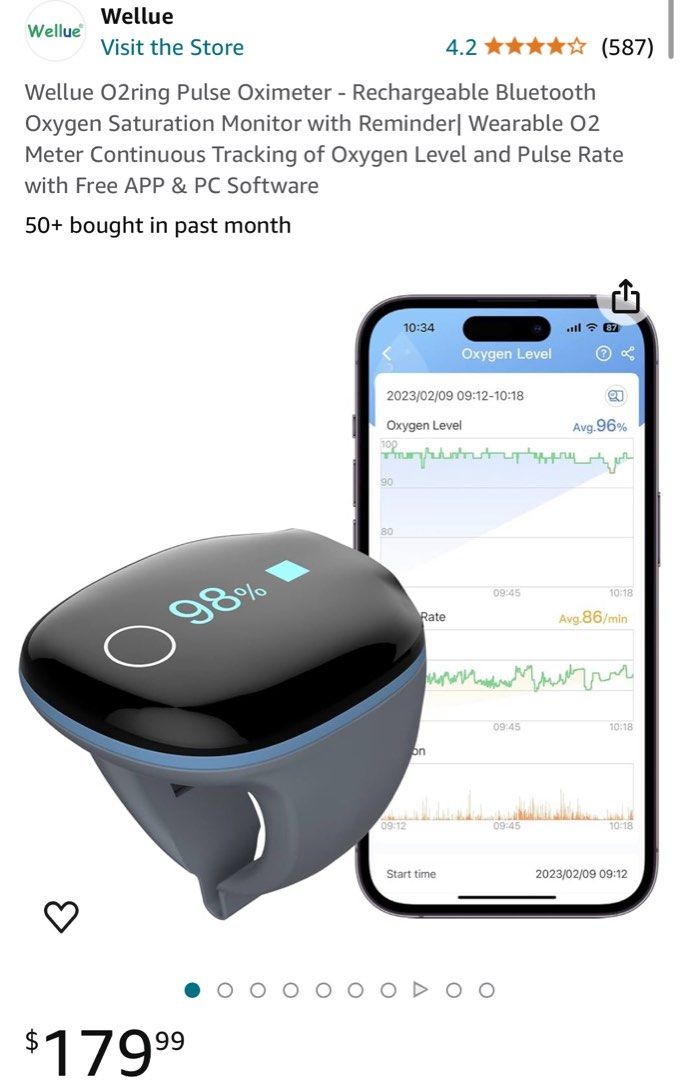 O2 Monitoring Wearable Wellue O2ring Pulse Oximeter - Rechargeable Bluetooth Oxygen Saturation ...