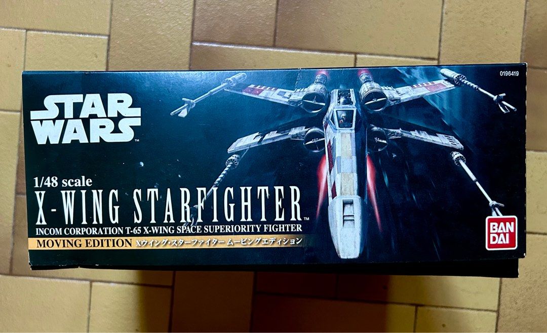 Bandai Star Wars X-Wing Starfighter (Moving Edition) - 1:48 scale (Category: Vehicle & Diecast Models) located in Singapore. Submitted by hselamat (Listing ID 1335103588, Image 2). Description: Never built. All parts are still in their sealed bags. Box is a little dusty and has a partially peeled price tag as shown in the pictures. Am willing to deliver especially east-side SG..