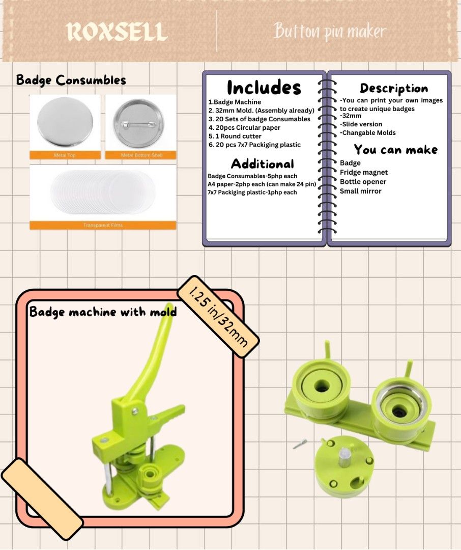 Button pin machine/maker (Category: Craft Supplies & Tools) located in Taytay. Submitted by rox.sell (Listing ID 1335156901, Image 1). Description: Mop:gcash Mod:lalamove No box Dm me for more details.