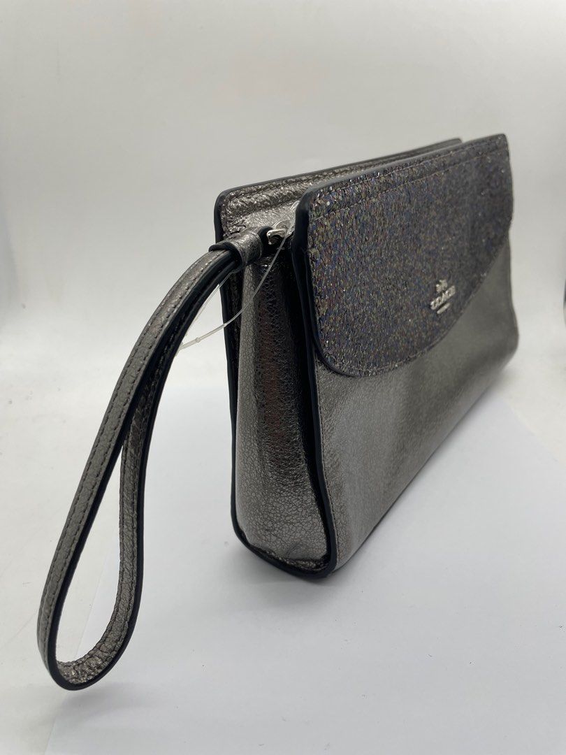 Coach F37563 Clutch Bag Glitter Metallic Silver, Luxury, Bags