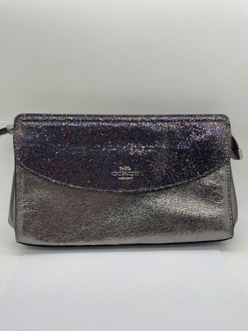 Coach F37563 Clutch Bag Glitter Metallic Silver, Luxury, Bags