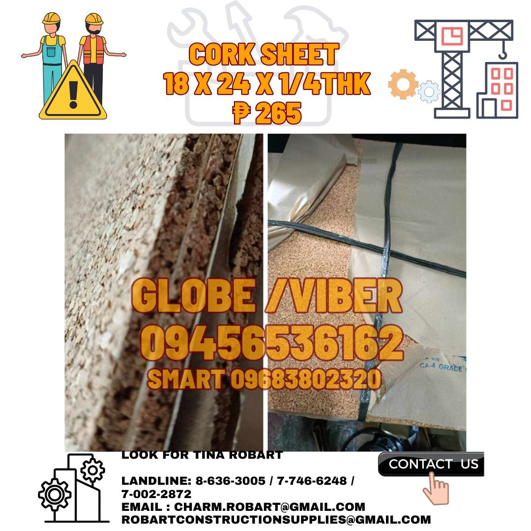 Cork sheet 18 x 24 x 1/4thk (Category: Construction & Building Materials) located in Manila. Submitted by tina.sales (Listing ID 1335144306, Image 1). Description: Cork sheet 18 x 24 x 1/4thk 𝑹𝑶𝑩𝑨𝑹𝑻 𝑪𝑶𝑵𝑺𝑻𝑹𝑼𝑪𝑻𝑰𝑶𝑵 𝑺𝑼𝑷𝑷𝑳𝑰𝑬𝑺 𝑶𝒇𝒇𝒊𝒄𝒆 𝑨𝒅𝒅𝒓𝒆𝒔𝒔: 𝟏𝟒𝟎𝟓 𝒀𝒖𝒔𝒆𝒄𝒐 𝑺𝒕. 𝑺𝒕𝒂 𝑪𝒓𝒖𝒛 𝑴𝒂𝒏𝒊𝒍𝒂 𝑺𝑬𝑵𝑫 𝑼𝑺 𝑴𝑬𝑺𝑺𝑨𝑮𝑬 𝑭𝑶𝑹 𝑰𝑵𝑸𝑼𝑰𝑹𝑰𝑬𝑺 ‼️ ‼️ 𝑮𝒍𝒃𝒆 - (𝟢𝟫𝟒𝟓-𝟔𝟓𝟑-𝟔𝟏𝟔𝟐) 𝑻.𝑴. - (𝟢𝟫𝟔𝟖