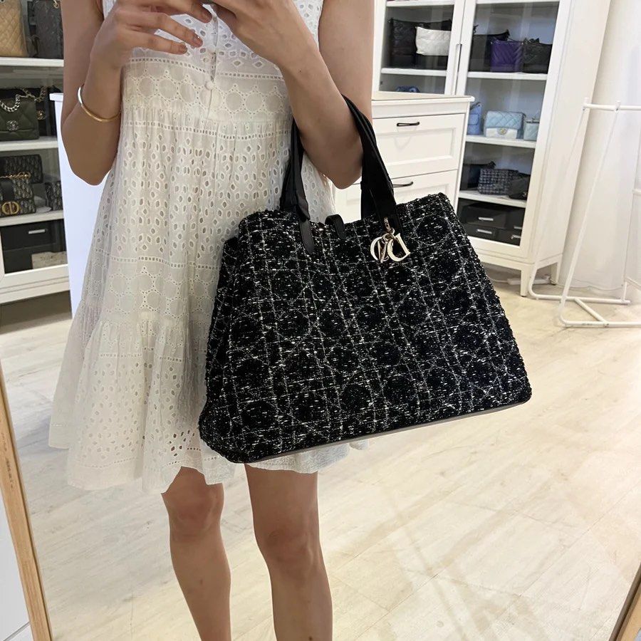 ポーチ付き◆Cannage Tweed TOUJOURS BAG LARGE CHRISTIAN DIOR Tweed Cannage Large Toujours Black White