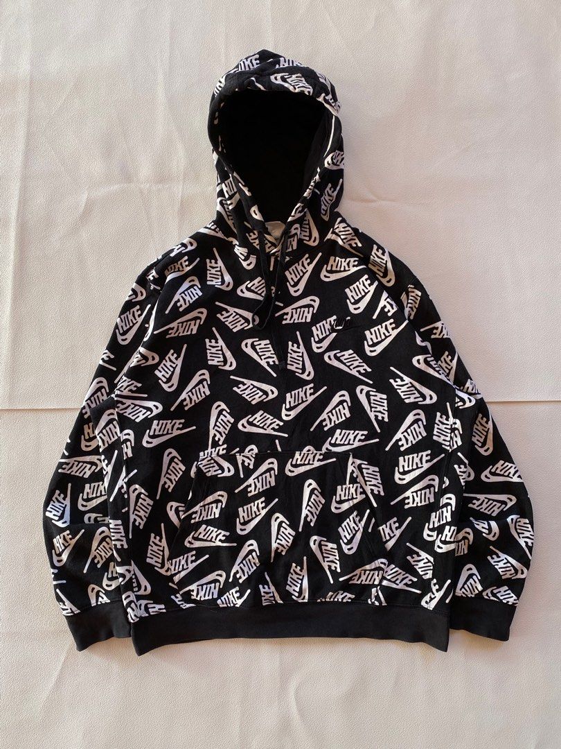 nike hoodie all over print logo, Fesyen Pria, Pakaian Atasan di
