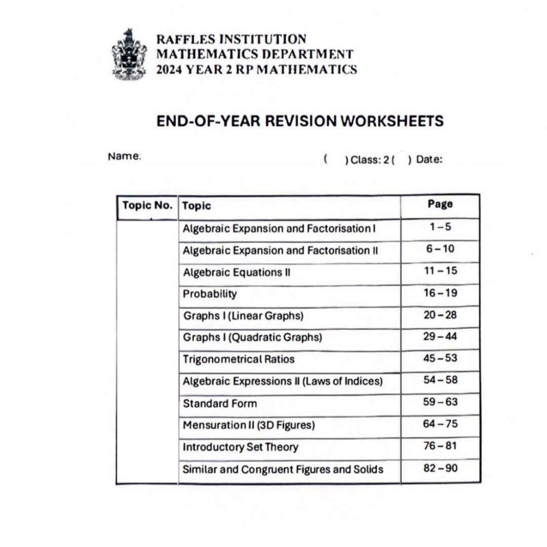Raffles ACSI TJC Lower Secondary Year 1-2 Math Revision Package | RI ...
