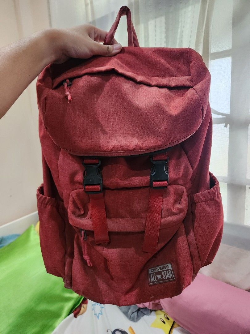 Red Converse Backpack (Category: Backpacks) located in Lingayen. Submitted by brulee21 (Listing ID 1335106358, Image 1). Description: Authentic Red Converse Backpack has 2 side holders top pocket compartment main opening equipped with zipper laptop compartment upto 14" front zipper with mesh divider 2 buckles for extra baggage well used on camping trips price is negotiable rfs: decluttering.