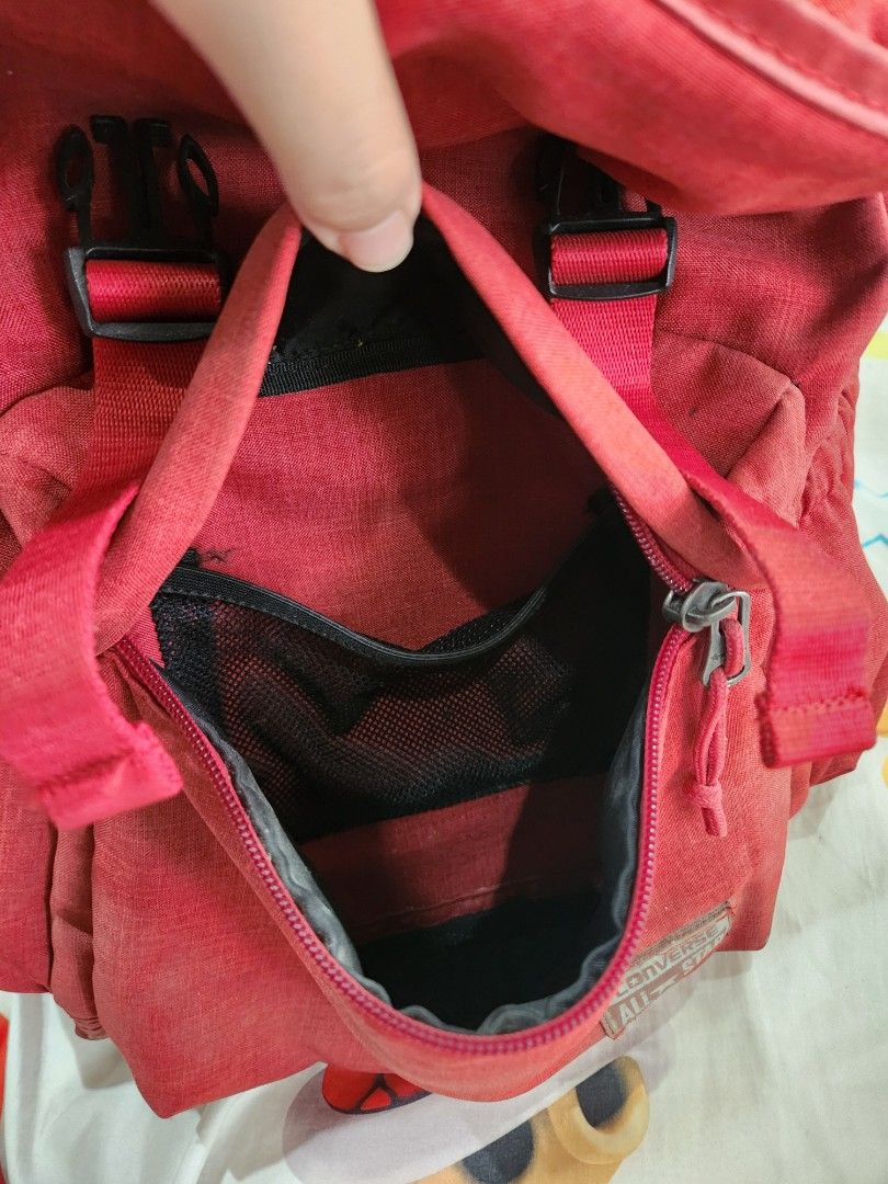 Red Converse Backpack (Category: Backpacks) located in Lingayen. Submitted by brulee21 (Listing ID 1335106358, Image 3). Description: Authentic Red Converse Backpack has 2 side holders top pocket compartment main opening equipped with zipper laptop compartment upto 14" front zipper with mesh divider 2 buckles for extra baggage well used on camping trips price is negotiable rfs: decluttering.