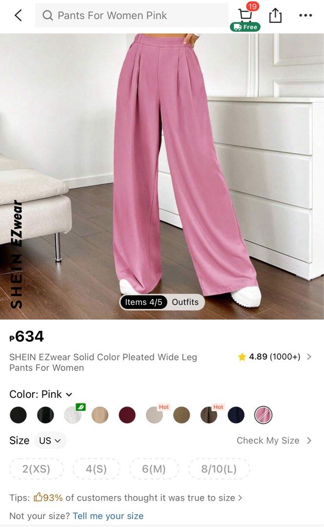 SHEIN Wide Leg Pants Pink (Category: Other Bottoms) located in Cavite. Submitted by lengthingz (Listing ID 1335165056, Image 3). Description: SALE!! FOR ONLY 350 ✨USED ONCE ONLY! 🩷 flowy material (bagsak tela) like new talaga! Size: Large (29-36 in medida) Length: 40in selling it for only ₱450 🩷 bought for ₱634.