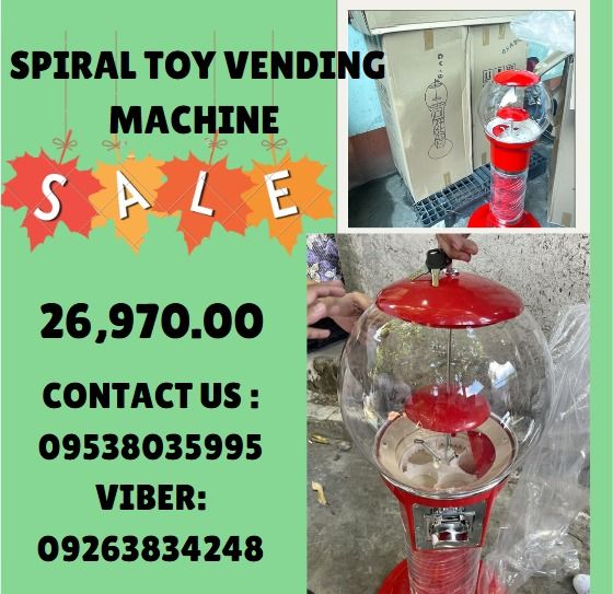 SPIRAL TOY VENDING MACHINE (Category: Kids Toys) located in Caloocan City. Submitted by 09945233960 (Listing ID 1335089328, Image 1). Description: Toy Vending Machine Dimension (W x D x H)mm: 540*540* 07.41300 Weight (kg): 11kg Brief Introduction: Shell: Explosion-proof material resistant to fall Machine: PC Coin Selector: Zinc alloy Color: Red, Yellow, Blue Suit for ball size：40-65mm 20GP container: 60 pcs.