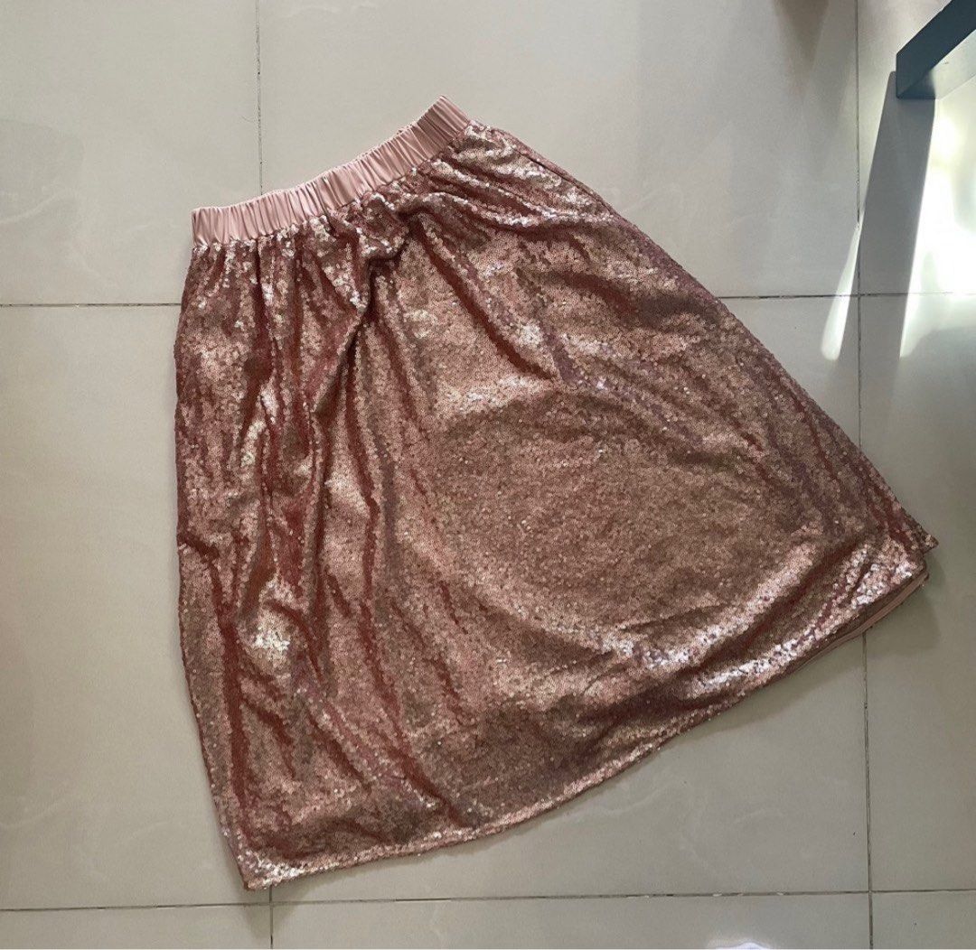 Vintage Pink Sequin Two-Layered Skirt, Women's Fashion, Bottoms