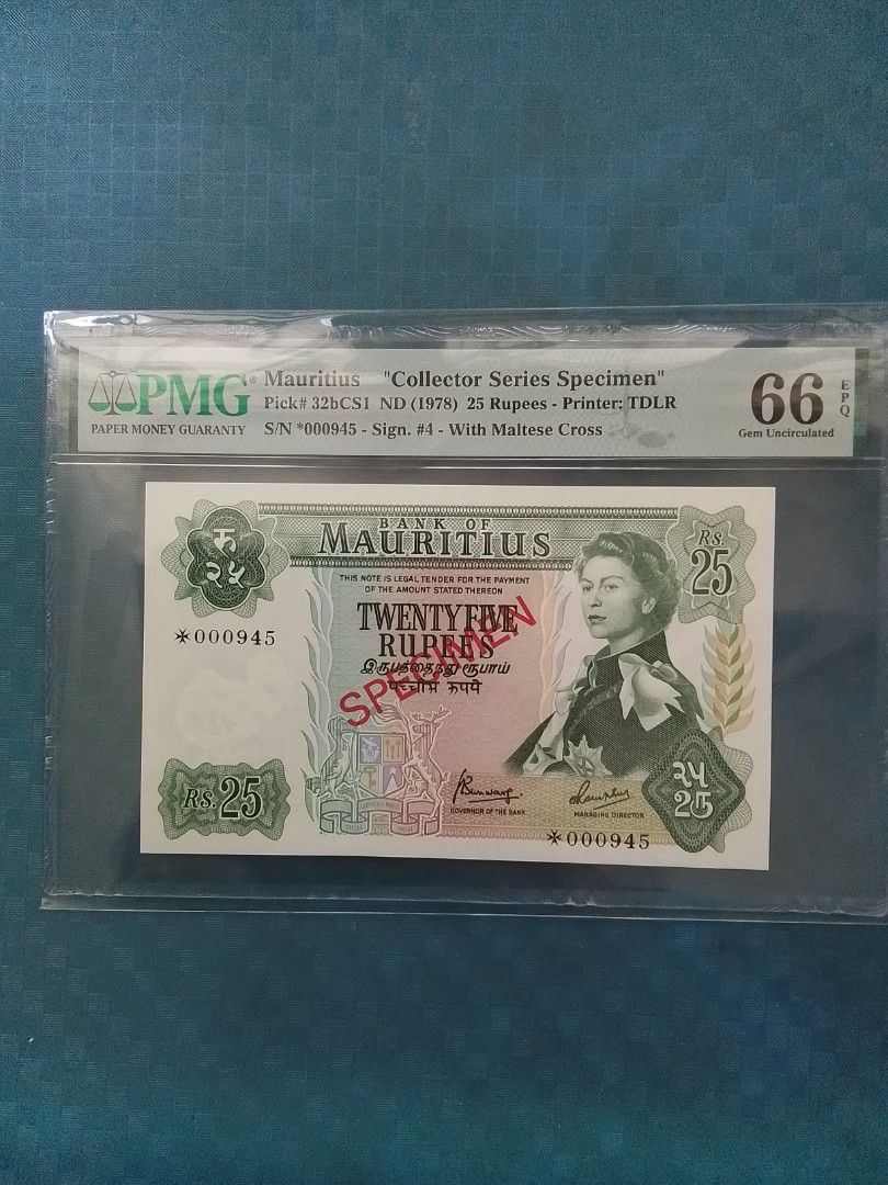 🐼1978年毛里求斯＄25 盧比【SPECIMEN 樣鈔】PMG 66EPQ 。, 興趣及遊戲, 收藏品及紀念品, 錢幣- Carousell