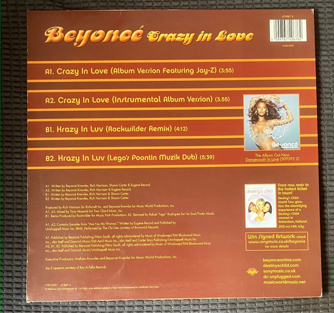 BEYONCE Crazy in Love 12” Vinyl EP (Category: Vinyls) located in Paranaque City. Submitted by d33t00 (Listing ID 1335246364, Image 3). Description: BEYONCE Crazy in Love 12” Vinyl EP Tracklist: A1 Crazy In Love (Album Version) Featuring – Jay-Z A2 Crazy In Love (Instrumental Album Version) B1 Krazy In Luv (Rockwilder Remix) B2 Krazy In Luv (Lego’s Poontin Muzik Dub) US pressing, 2003 Outer sleeve and Vinyl in Excellent condition Preferred meet up