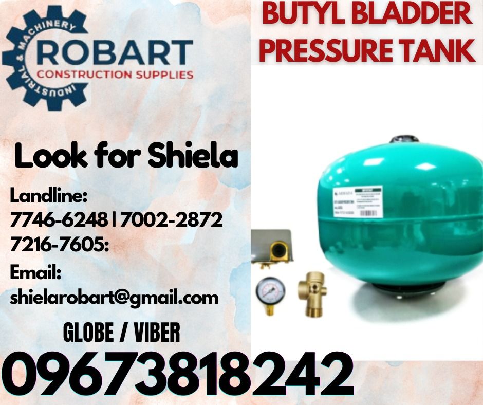 BUTYL BLADDER PRESSURE TANK (Category: Construction Tools & Equipment) located in Caloocan City. Submitted by shielaroba44709 (Listing ID 1335280737, Image 1). Description: BUTYL BLADDER PRESSURE TANK MODEL: ASF25L Description: VERTICAL TANK (with interchangeable butyl membrane) Capacity: 25 Liters Connection: 1" Length: 13" Width: 13" Height: 12.5" Flange Material: Steel Accessories: • 5 way connector • Pressure Gauge (0-10bar) • Pressure Switch