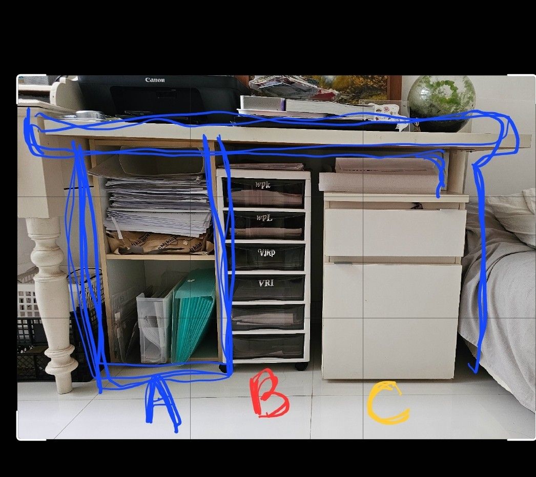 Cabinets (Category: Shelves, Cabinets & Racks) located in Kuala Lumpur. Submitted by cutiepumps_2025pim (Listing ID 1335257545, Image 3). Description: 3 items office for the office (rm50 each) A. Ikea table with 1 side leg & 3 tier shelf B. Plastic filing cabinet with wheels C. Ikea 2 drawer filing cabinet.