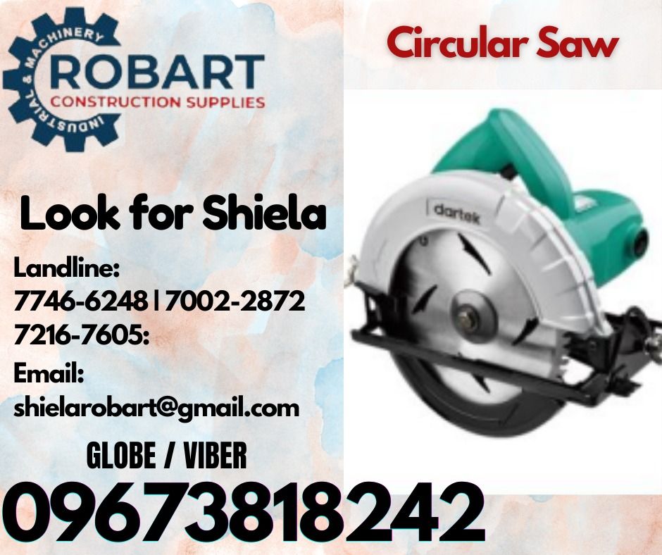 Circular Saw (Category: Construction Tools & Equipment) located in Caloocan City. Submitted by shielaroba44709 (Listing ID 1335278762, Image 1). Description: Circular Saw Model: PCS 01 - 185 Rated power input: 1200w No load speed: 5600r/min Blade Dia: φ185mm Max. cutting capacity: 60mm Max. cutting Angle: 45° Net weight: 3.6kg Packaging: 4/ctn 𝑹𝑶𝑩𝑨𝑹𝑻 𝑪𝑶𝑵𝑺𝑻𝑹𝑼𝑪𝑻𝑰𝑶𝑵 𝑺𝑼𝑷𝑷𝑳𝑰𝑬𝑺 Office Address: 1405 Yuseco St. Sta Cruz Manila S