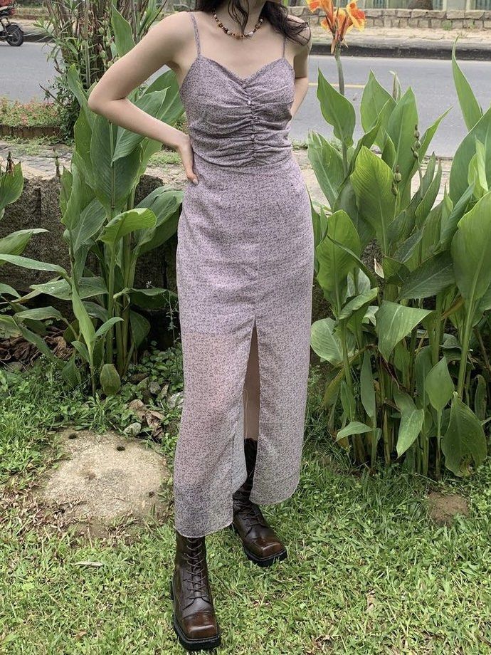 floral midi dress with front slit (Category: Dresses) located in Taguig. Submitted by riyawns (Listing ID 1335387016, Image 2). Description: floral midi dress with front slit in purple bought from loulouseoul made in korea •super pretty and feminine!!!! •has a front slit and slightly see-through long skirt with lining inside •can be worn casually or formally, up to you!! (perf for beaches imo) •has a smocked back so stretchy! had a hard time lett