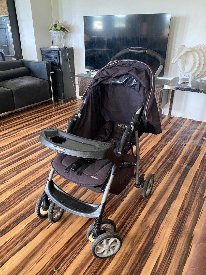 Graco Mirage Plus Baby Kids Stroller (Category: Strollers) located in Taguig. Submitted by RoseTags (Listing ID 1335354808, Image 3). Description: -Full Reclined Backrest -With Canopy Hood -With Bumper Bar -2 in 1 Stroller System -Removable Fabrics -Belts Adjustable.
