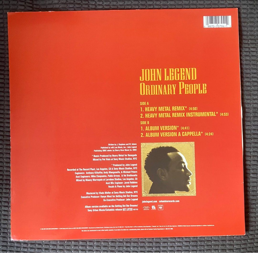 JOHN LEGEND Ordinary People 12” Vinyl EP (Category: Vinyls) located in Paranaque City. Submitted by d33t00 (Listing ID 1335247220, Image 2). Description: JOHN LEGEND Ordinary People 12” Vinyl EP Tracklist: A1 Ordinary People (Heavy Metal Remix) A2 Ordinary People (Heavy Metal Remix Instrumental) B1 Ordinary People (Album Version) B2 Ordinary People (Album Version Acapella) US pressing, 2005 Outer sleeve and Vinyl in Excellent condition Preferred 
