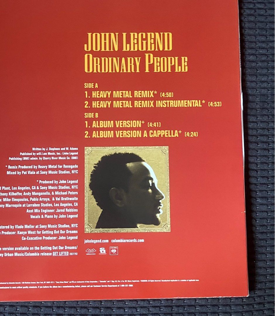 JOHN LEGEND Ordinary People 12” Vinyl EP (Category: Vinyls) located in Paranaque City. Submitted by d33t00 (Listing ID 1335247220, Image 3). Description: JOHN LEGEND Ordinary People 12” Vinyl EP Tracklist: A1 Ordinary People (Heavy Metal Remix) A2 Ordinary People (Heavy Metal Remix Instrumental) B1 Ordinary People (Album Version) B2 Ordinary People (Album Version Acapella) US pressing, 2005 Outer sleeve and Vinyl in Excellent condition Preferred 