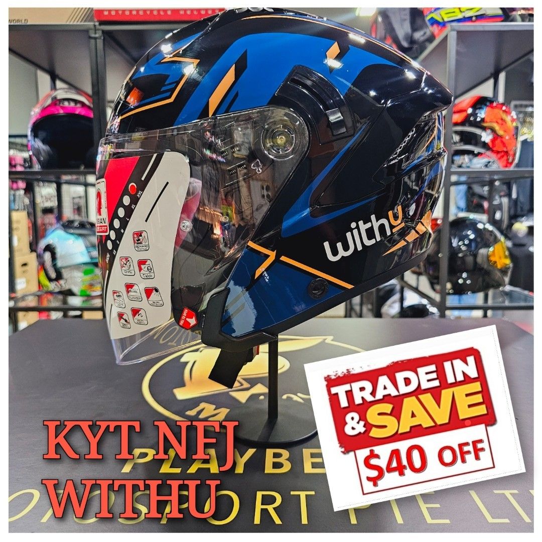 KYT NFJ WITHU HELMET (TRADE IN PROMO.. 🔥🔥!! ) (Category: Motorcycle Apparel) located in Singapore. Submitted by playberzmotosport (Listing ID 1335367183, Image 1). Description: KYT NFJ WITHU HELMET.. 😎💖!! RETAIL PRICE @$185..!! 🔥BRING YOUR OLD USED HELMET FOR TRADE IN AND PAY $145 ONLY.. 🎊💖!! 🌟PSB APPROVED CERTIFIED.. 😊👍!! 🌟BUILD IN SUN VISOR.. 😎!! 🌟BLUETOOTH SPEAKER SPACE SLOT 🌟REMOVABLE AND WASHABLE INNER PADDING 🌟FOR VIEWING OR 