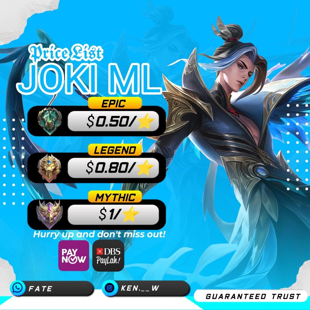 Mobile Legends Boosting (Category: In-Game Products) located in Singapore. Submitted by fate2826 (Listing ID 1335406607, Image 1). Description: CHEAP ML BOOSTING +NEGOTIABLE PAY PREFERABLY BY PAYNOW Epic $0.50/⭐ Legend $0.80/⭐ Mythic $1/⭐.