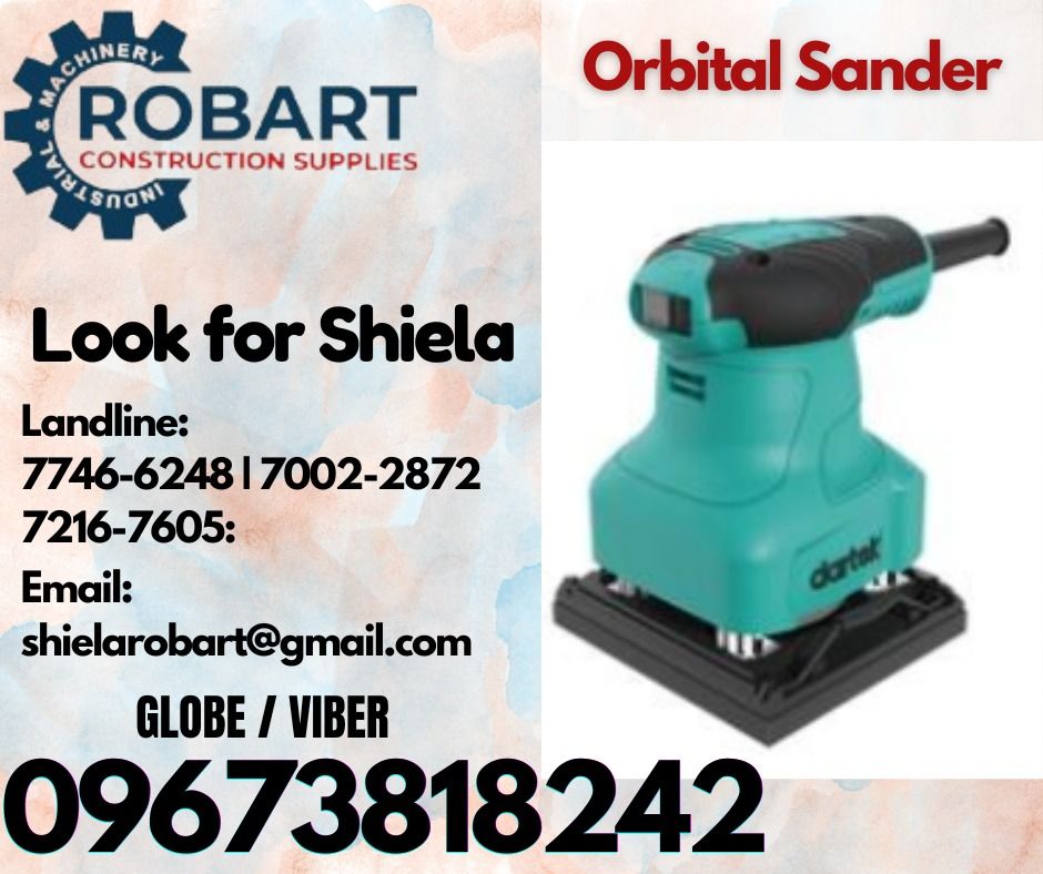 Orbital Sander (Category: Construction Tools & Equipment) located in Caloocan City. Submitted by shielaroba44709 (Listing ID 1335264754, Image 1). Description: Orbital Sander Model: POS 6002 Rated power input: 230W Orbits Frequency: 15000/min Pad Size: 100x110mm Net weight: 0.6kg Packaging: 10/ctn 𝑹𝑶𝑩𝑨𝑹𝑻 𝑪𝑶𝑵𝑺𝑻𝑹𝑼𝑪𝑻𝑰𝑶𝑵 𝑺𝑼𝑷𝑷𝑳𝑰𝑬𝑺 Office Address: 1405 Yuseco St. Sta Cruz Manila SEND US MESSAGE FOR INQUIRIES ‼️ ‼️ Call: 096738
