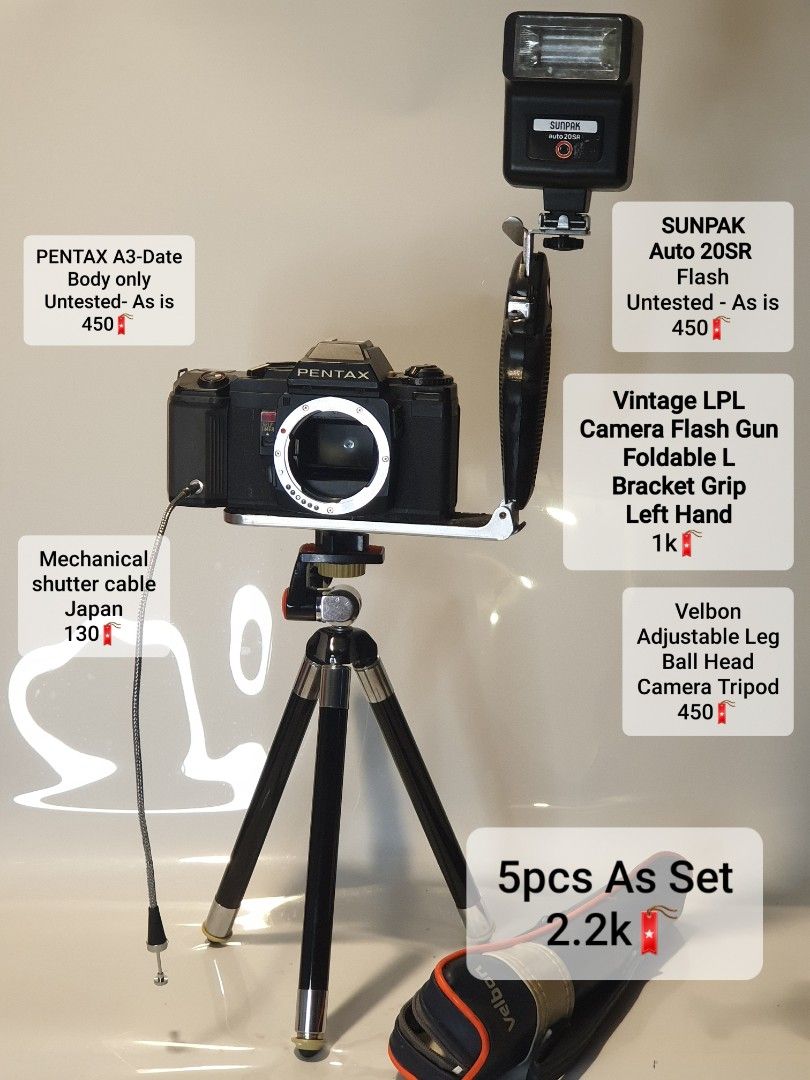 Pentax A3 Date - Velbon Tripod (Category: Cameras) located in Las Pinas. Submitted by oldsthetics (Listing ID 1335405250, Image 1). Description: Pentax - LPL - Sunpak - Velbon Individual details and price on the photo Selling as display, collectible or as intended Detailed realtime photos/videos are available for a closer look Location Las pinas --📌 MUST READ Before Messaging 📌-- 🔸️Price is posted 🔸️Pickup or Lalamove Buyer's expense / bookin