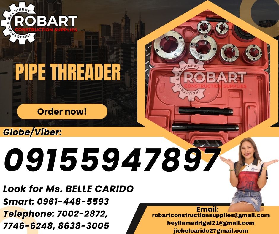 Pipe Threader #63 (Category: Construction Tools & Equipment) located in Manila. Submitted by bellarobart (Listing ID 1335262111, Image 1). Description: China Pipe Threader #63 Size: 1/2-2" NPT 𝑹𝑶𝑩𝑨𝑹𝑻 𝑪𝑶𝑵𝑺𝑻𝑹𝑼𝑪𝑻𝑰𝑶𝑵 𝑺𝑼𝑷𝑷𝑳𝑰𝑬𝑺 Office Address: 1405 Yuseco St. Sta Cruz Manila SEND US MESSAGE FOR INQUIRIES ‼️ ‼️ Glb/Vibr: 0915-594-7897 Smrt: 0961-448-5593 Landline: (7746-6248 / 7002-2872) 𝓛𝓞𝓞𝓚 𝓕𝓞𝓡 𝓑𝓔𝓛𝓛𝓔 🔵 100% Trust