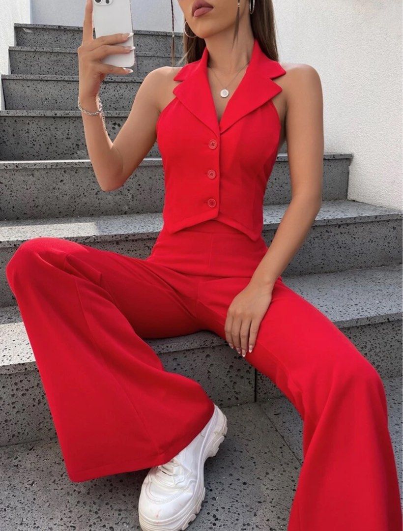 Set: Red Vest Top with Flare Pants (Category: Sets or Coordinates) located in Rizal. Submitted by camiela (Listing ID 1335292041, Image 1). Description: Red backless vest top with flare pants (set / coordinates) Only used once for Bruno Mars concert! got so many compliments with this outfit 😁❤️ size S (measurements on the last slide) in good condition! .