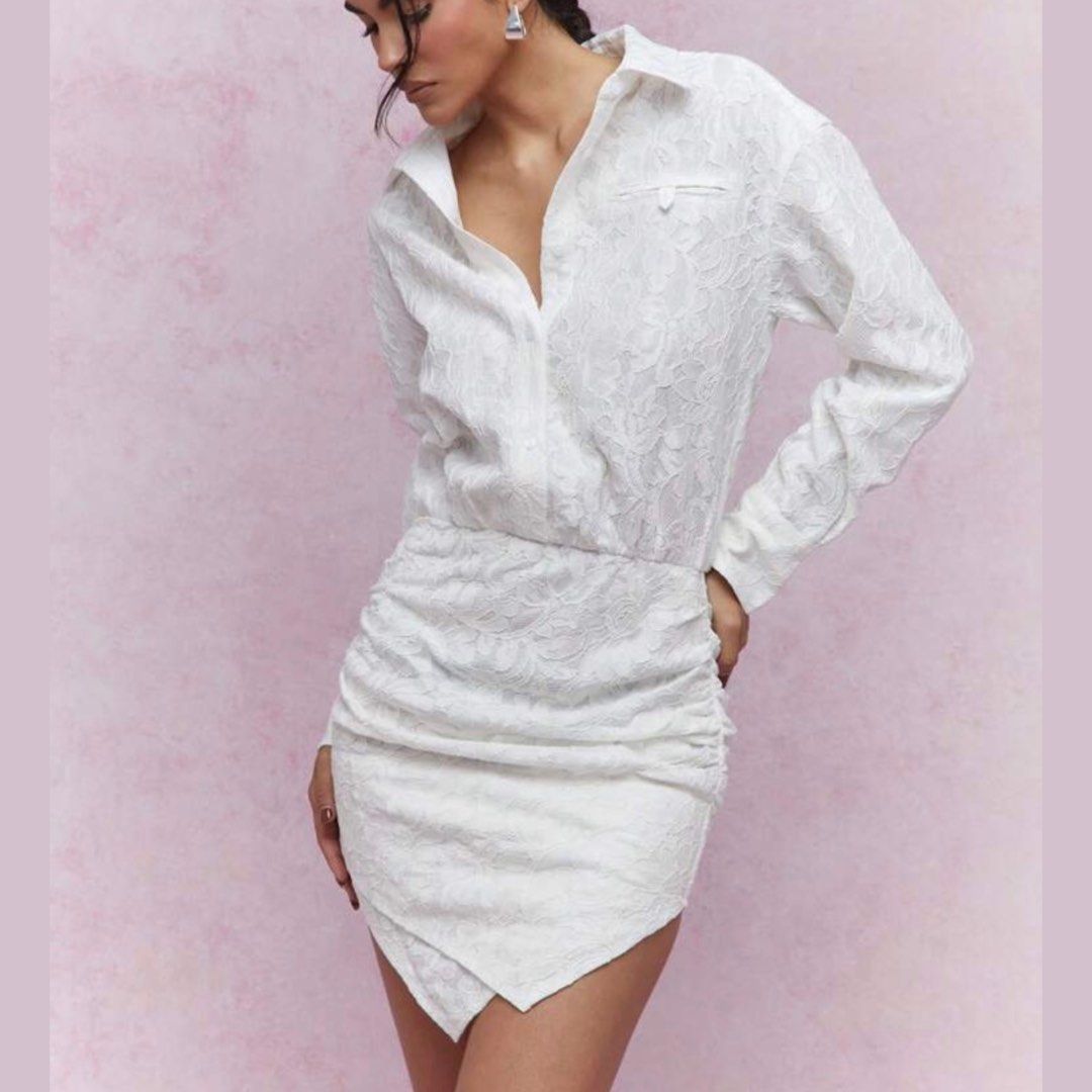 RENT SEWA MISSGUIDED Mini Dress Premium Ruched Wrap Shirt White For Graduation Dinner Prom Event Wedding Size L