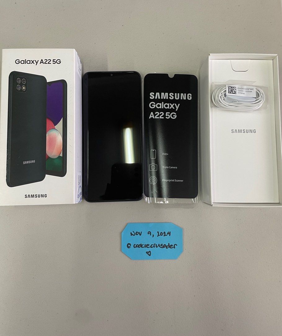 Samsung A22 5G 8/128GB (Category: Samsung) located in Pasig City. Submitted by cookiecrusader (Listing ID 1335296269, Image 2). Description: Selling lightly used Samsung A22 5G 128GB 😊 Gray 8/128GB 99% smooth No dents or scratches 6.4” display super AMOLED 90hz 5000 mAh w/headphone jack Inclusions: box, earphones, papers Please message me for any questions or additional details, pics, videos of the unit 🥰 .