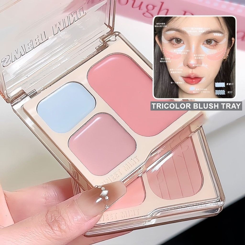 Sweet Mint Tricolor Blush Tray Matte Natural Blue Pink Blusher Cream ...