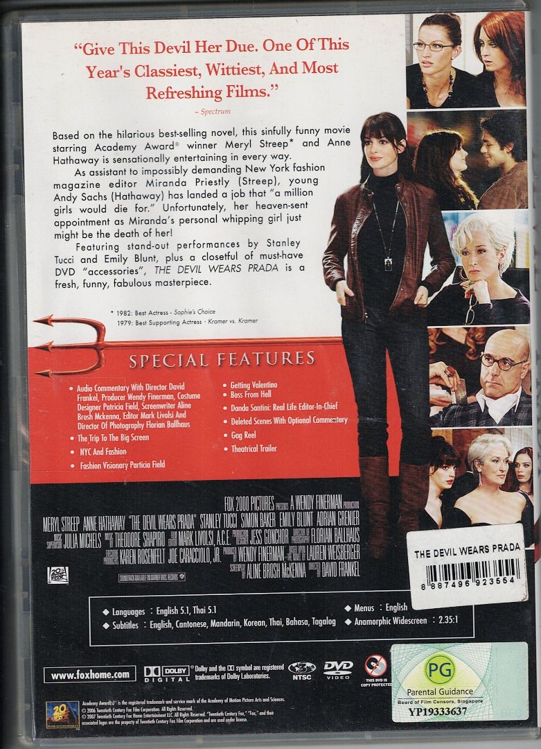 The Devil Wears Prada ***original dvd*** (Category: CDs & DVDs) located in Pasig City. Submitted by armcjay (Listing ID 1335375344, Image 3). Description: This is a pre-owned, authentic item, from my own DVD collection. The disk may contain minor scratches, marks or dirt, and is playable with commercial DVD players and computers. I don't sell defective item here. No return / no exchange..