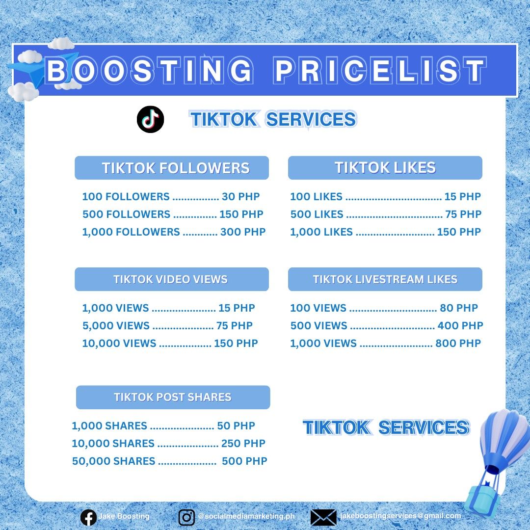 TIKTOK BOOSTING SERVICES (Category: Design & Marketing) located in Manila. Submitted by jakeboostingservices (Listing ID 1335267319, Image 1). Description: 🚀 Boost your TikTok game with our top-notch boosting services! 🌟 Let's get your content trending and reach new heights together! 📈✨ #TikTokBoost #SocialMediaGrowth #TikTokFame #BoostYourTikTok #TikTokPH #TikTokPhilippines #TikTokCreatorPH #ViralVideos #TikTokTrends #TikTokTips #ContentCreat