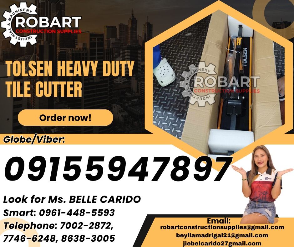 Tolsen heavy duty tile cutter (Category: Construction Tools & Equipment) located in Manila. Submitted by bellarobart (Listing ID 1335298189, Image 1). Description: Tolsen heavy duty tile cutter Size: 1200mm 𝑹𝑶𝑩𝑨𝑹𝑻 𝑪𝑶𝑵𝑺𝑻𝑹𝑼𝑪𝑻𝑰𝑶𝑵 𝑺𝑼𝑷𝑷𝑳𝑰𝑬𝑺 Office Address: 1405 Yuseco St. Sta Cruz Manila SEND US MESSAGE FOR INQUIRIES ‼️ ‼️ Glb/Vibr: 0915-594-7897 Smrt: 0961-448-5593 Landline: (7746-6248 / 7002-2872) 𝓛𝓞𝓞𝓚 𝓕𝓞𝓡 𝓑𝓔𝓛𝓛𝓔