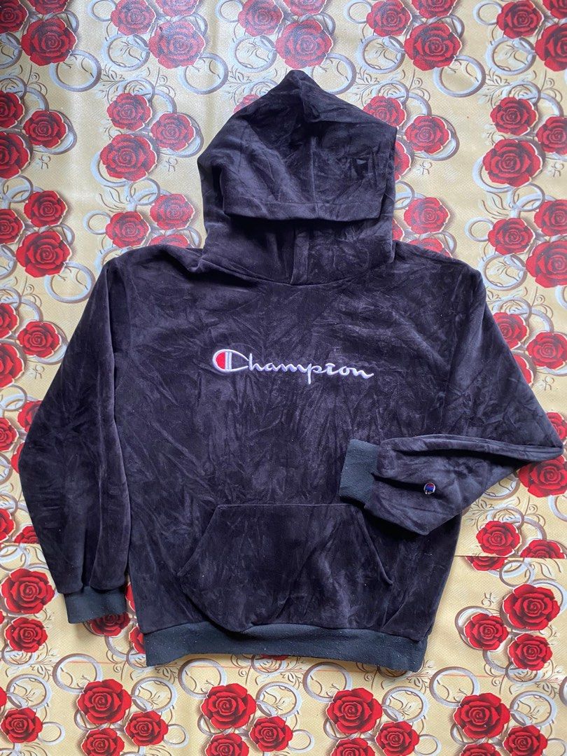 vintage Champion Velvet Spell Out Big Logo Hoodie Men s Fashion Tops Sets Hoodies on Carousell