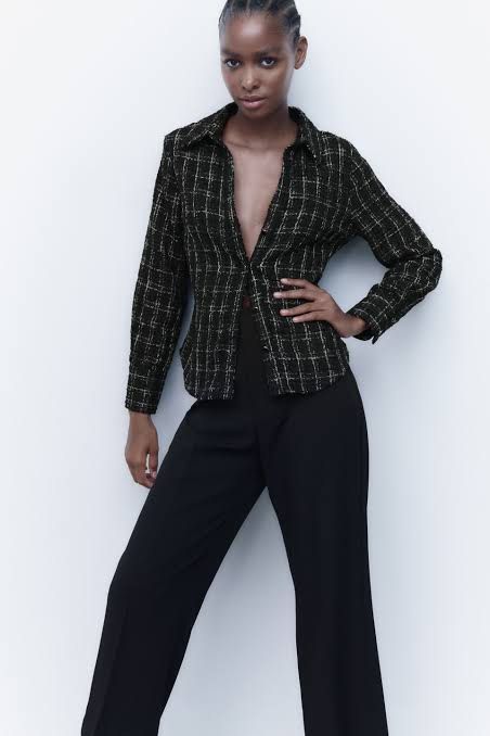 ZARA Fitted Textured Check Tweed Blazer