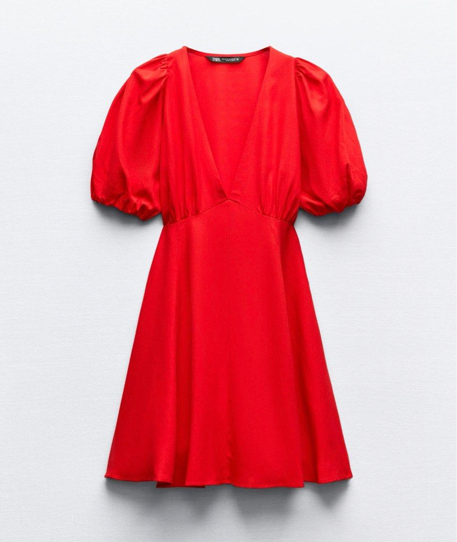 red puff sleeve dress zara Zara Red Puff Sleeve Short Dress with Neck Bow Size Medium