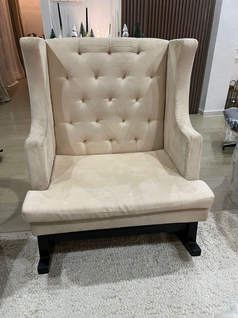 Accent rocking chair (Category: Chairs) located in Pasig City. Submitted by declutteiring (Listing ID 1339322992, Image 1). Description: Accent rocking chair Very elegant Removable/washable cushion cover Flaws: with scratches , see last pic (cat mom here) For pick up in Pasig Greenpark Village Manggahan Pasig City (c/o buyer) RFS: decluttering.