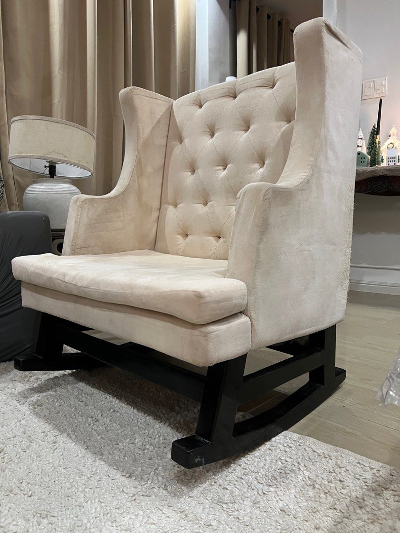 Accent rocking chair (Category: Chairs) located in Pasig City. Submitted by declutteiring (Listing ID 1339322992, Image 2). Description: Accent rocking chair Very elegant Removable/washable cushion cover Flaws: with scratches , see last pic (cat mom here) For pick up in Pasig Greenpark Village Manggahan Pasig City (c/o buyer) RFS: decluttering.