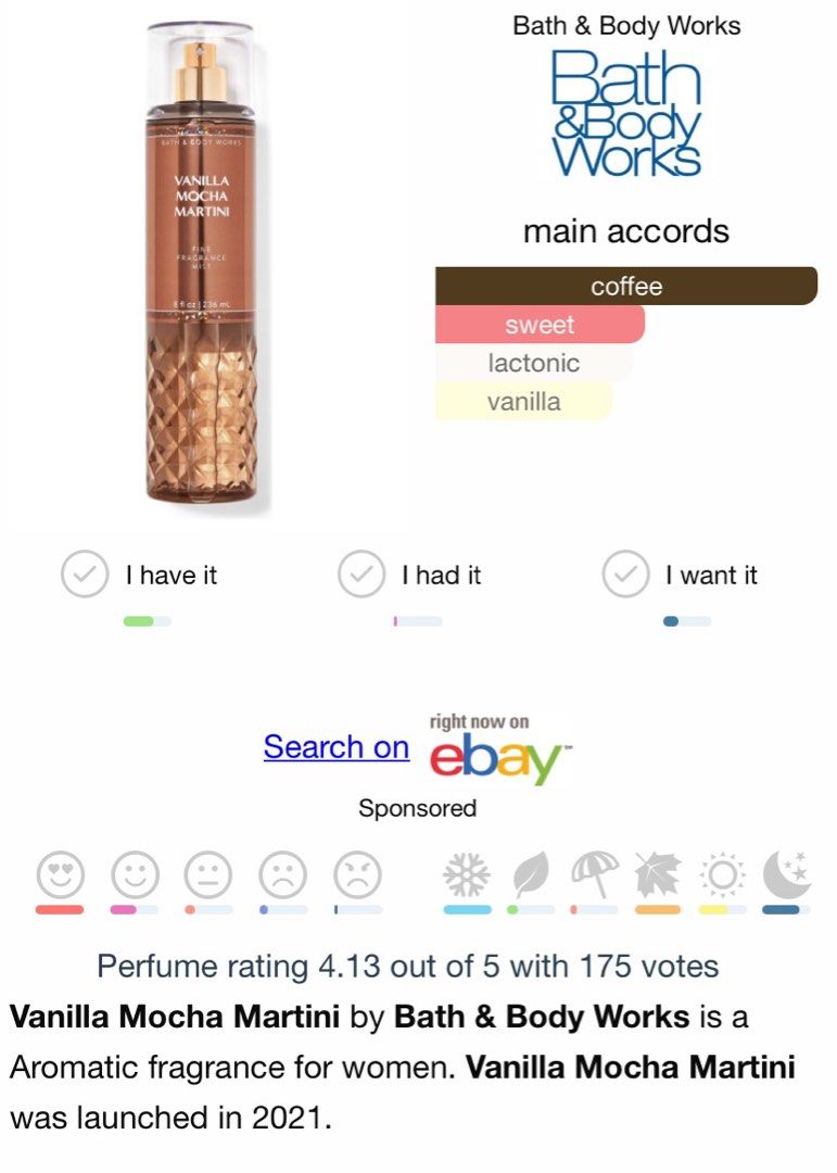 Bath & Body Works Vanilla Mocha Martini (Category: Fragrance & Deodorants) located in Las Pinas. Submitted by dafortu (Listing ID 1339296547, Image 2). Description: 100% authentic rfs: too many perfumes.