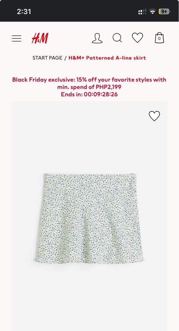 H&M Floral A-line Skirt (Category: Skirts) located in Manila. Submitted by jiu____ (Listing ID 1339233718, Image 2). Description: Original Price: 599 php Condition: used once lang! Size: XS RFS: need to declutter so i can shop more 🤪 .