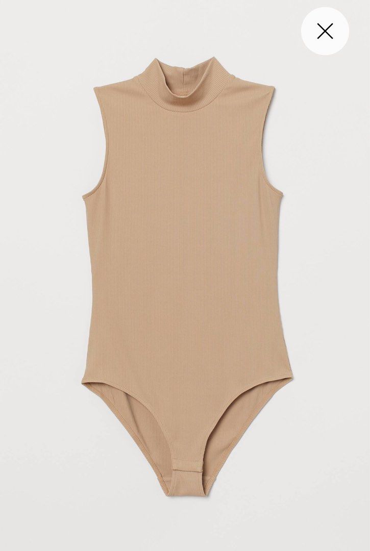 H&M Ribbed Turtleneck Bodysuit (Category: Sleeveless) located in Taguig. Submitted by stxff_ (Listing ID 1339361125, Image 1). Description: H&M ribbed mock turtleneck bodysuit in beige with detachable opening Size: M-L .