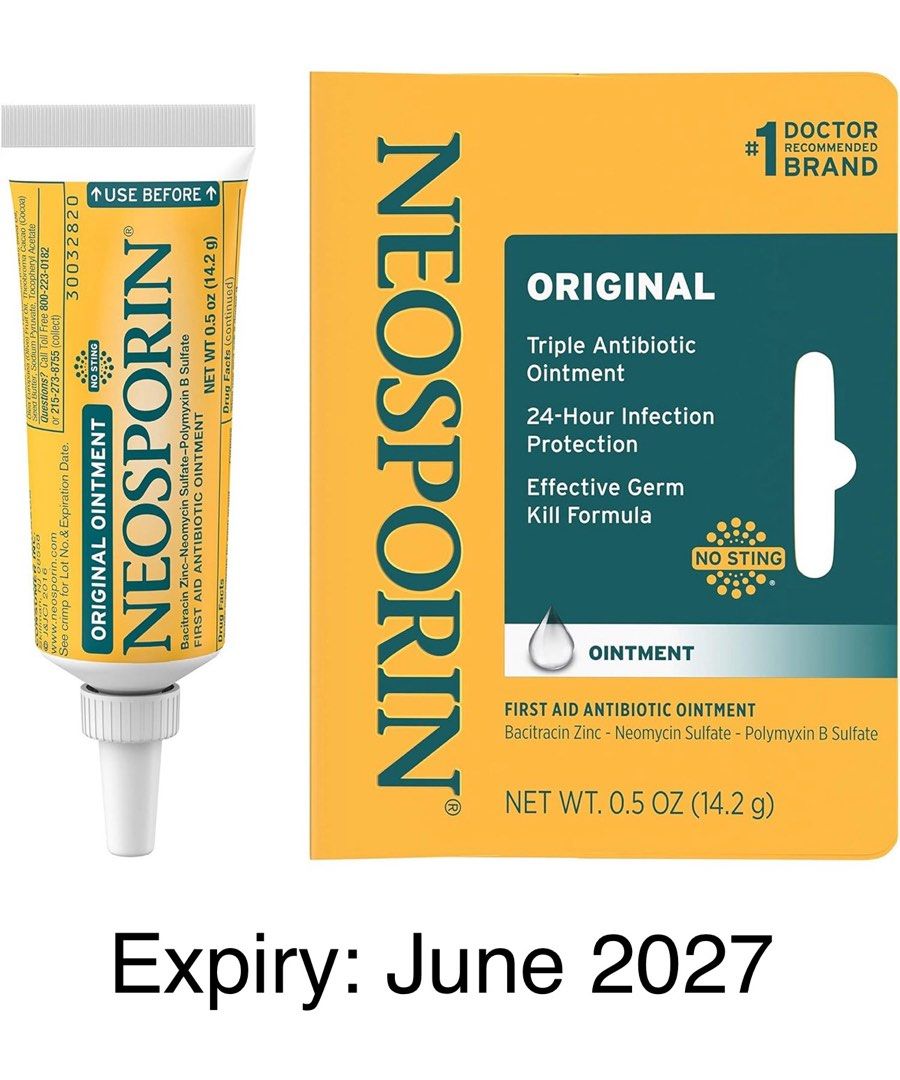 Neosporin First Aid Antibiotic Ointment (Category: Sanitizers & Disinfectants) located in Manila. Submitted by laniefg (Listing ID 1339233115, Image 1). Description: Description Neosporin Original First Aid Antibiotic Ointment provides long-lasting infection protection and minimizes the appearance of scars. Made with bacitracin zinc, this first aid antibiotic ointment helps prevent infection in minor cuts, scrapes, and burns and helps minimize th