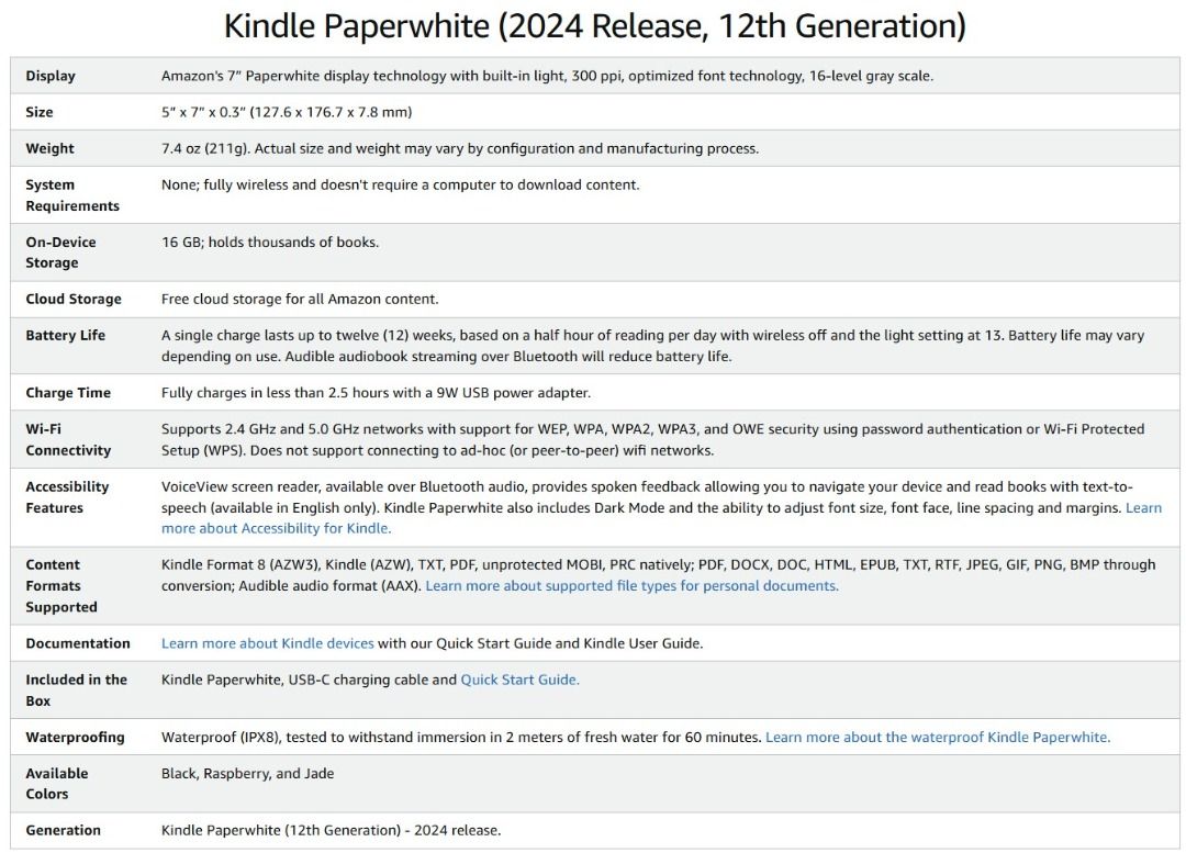 Amazon Kindle Paperwhite 2024 Release (16GB / 32GB Signature Edition) - 12th Generation (6th Edition Latest Kindle PW Reader) - Black WiFi eReader (Category: E-Readers) located in Singapore. Submitted by yunnnn (Listing ID 1103274496, Image 3). Description: 🔴 Amazon Kindle Paperwhite E-Reader 🟡 Brand new in box, original sealed packaging 🟡 Gen 6 Paperwhite is 7" - 2024 Release (This listing) Pls note that Gen 5 Paperwhite is 6.8" - 2021/2022/2